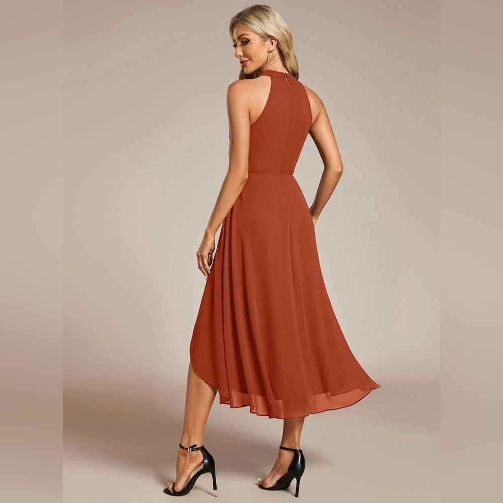 🆕 Midi Halter Neck Chiffon Wedding Guest Dress with Sleeveless and A-Line - Picture 2 of 3